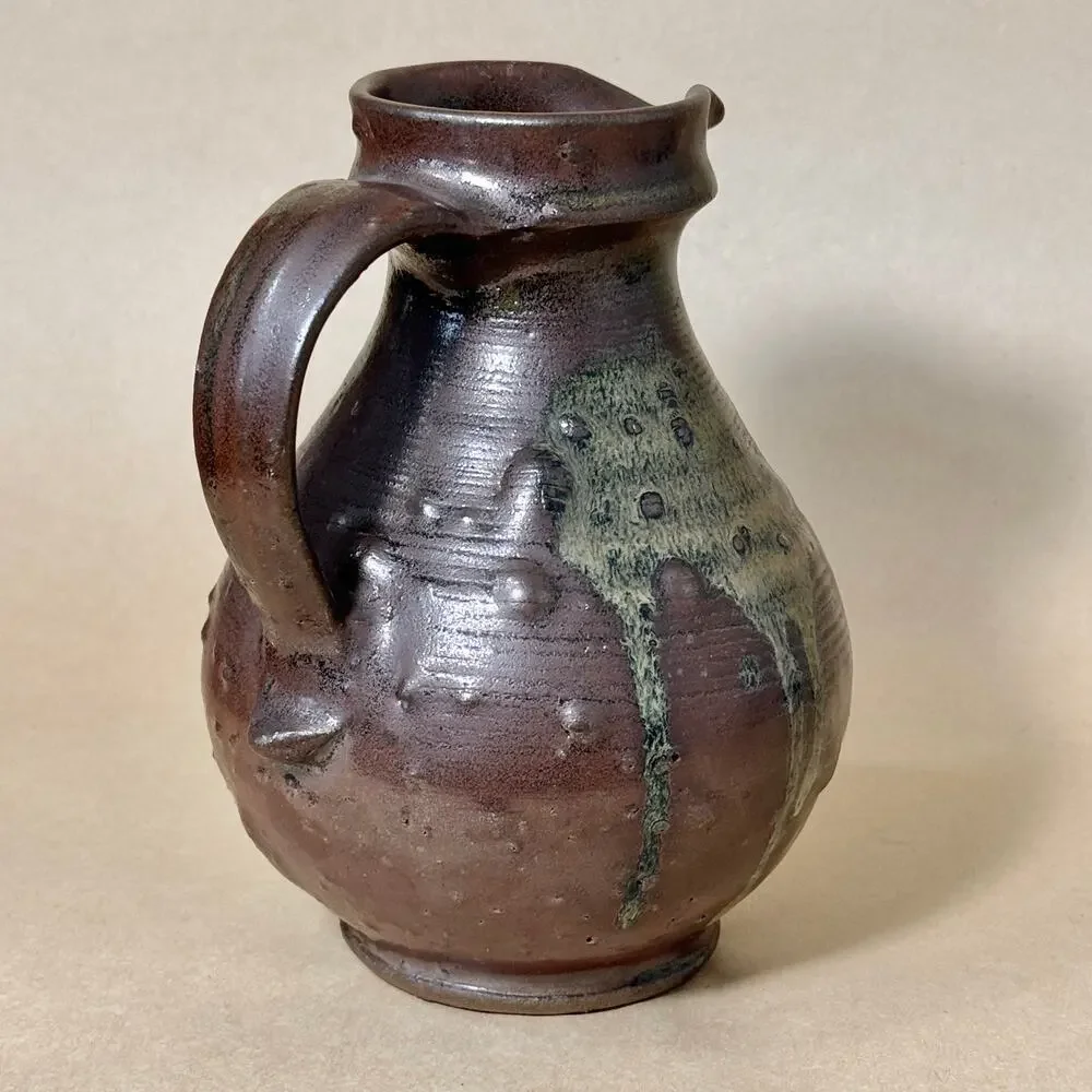 Vintage Japanese Onta Ware Handled Pottery Vase Brown Green Rustic Decor 6 in